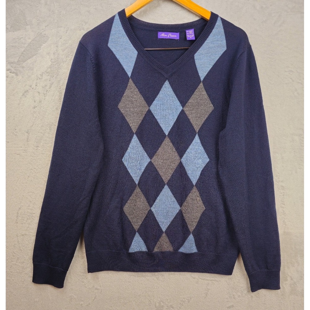 Alan‎ Flusser Sweater Mens Size Medium V Neck Argyle Diamond Navy Merino Blend